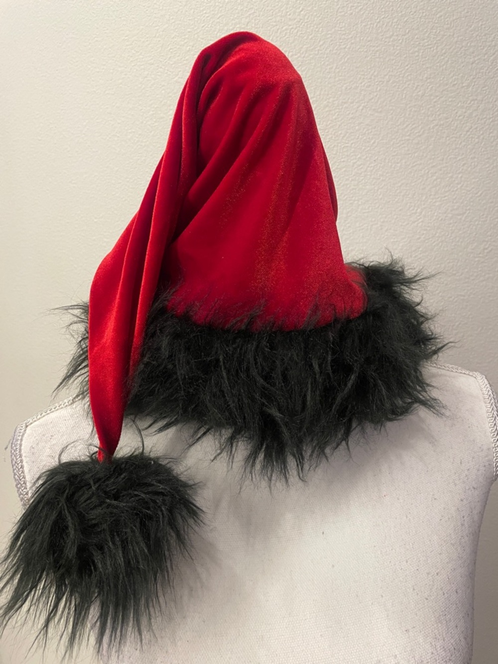 Red Velvet Santa Hat with Black Faux Fur Trim